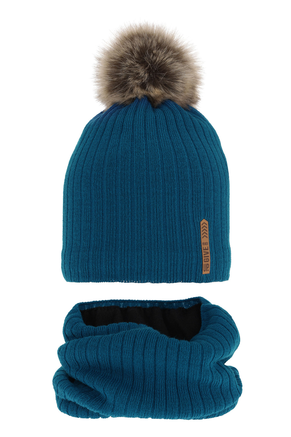 Ensemble d'hiver garçon: bonnet et snood, bleu, avec pompon, doublé de polaire, Kalen