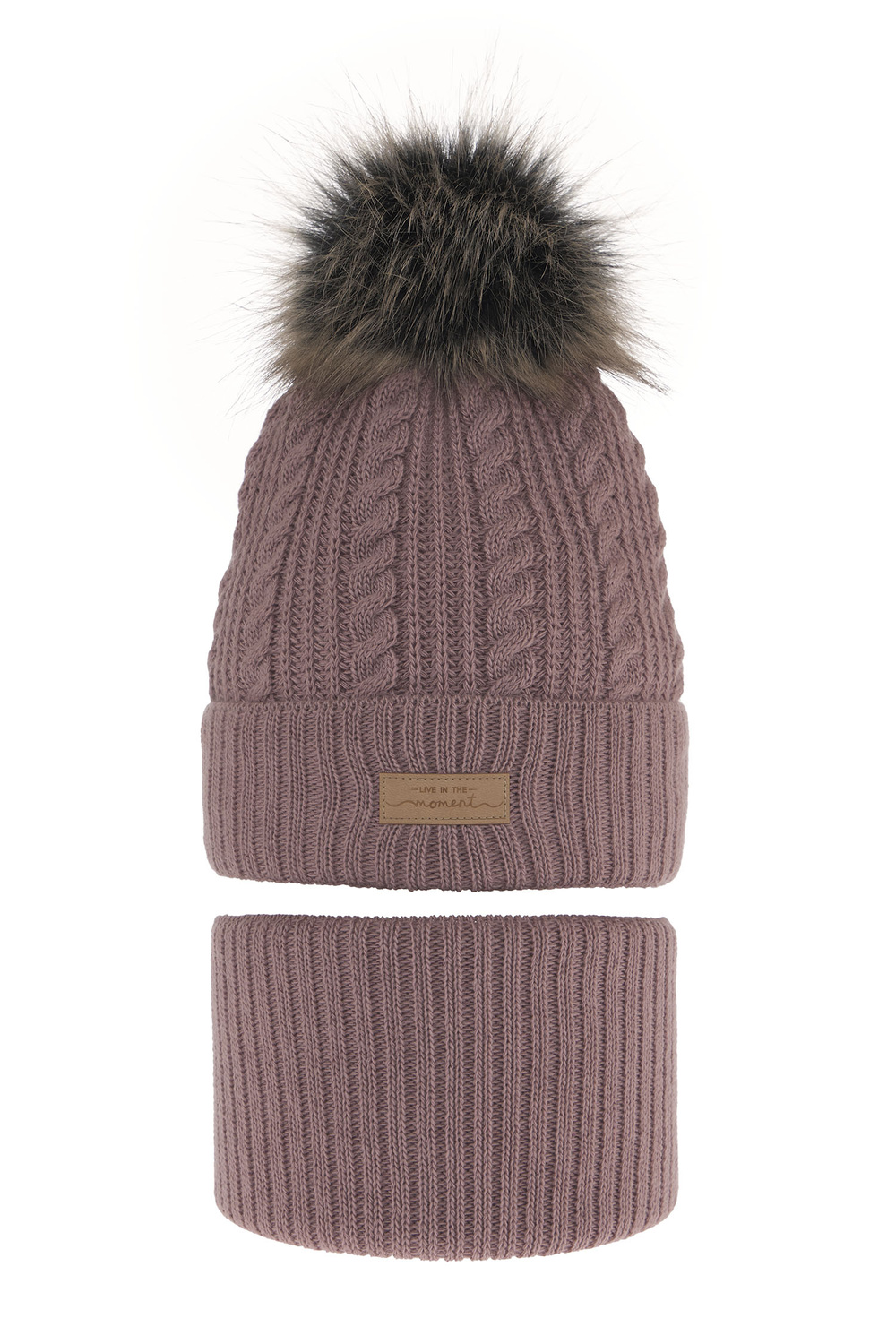 Ensemble d'hiver fille: bonnet et snood, violet, avec pompon, Alika