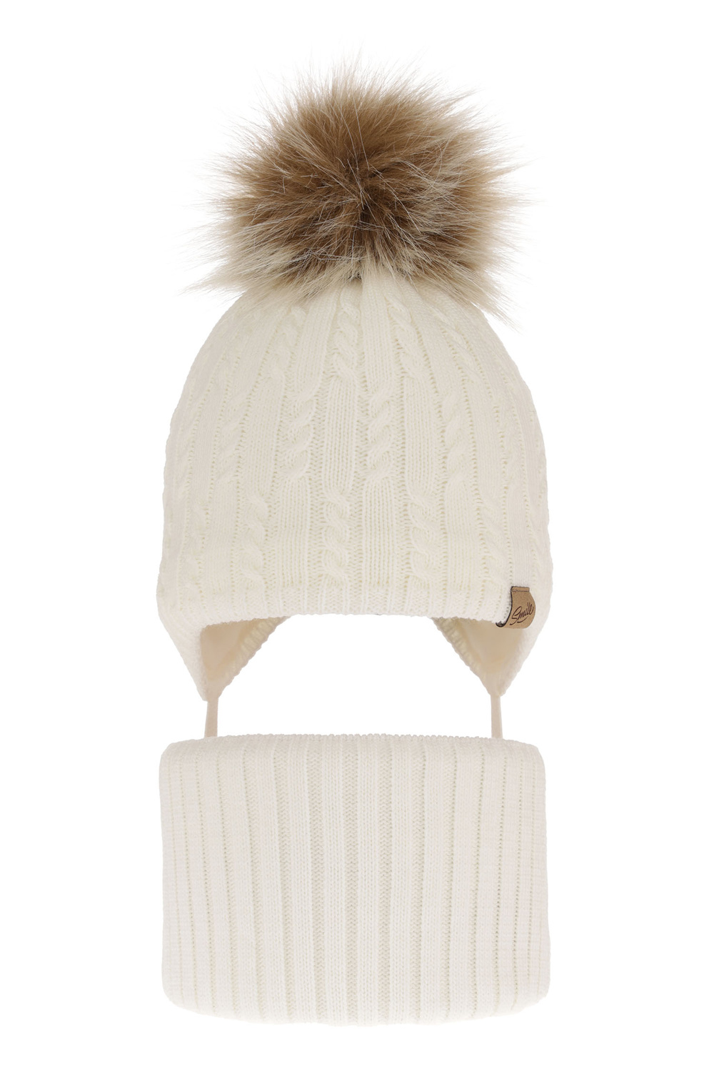 Ensemble d'hiver fille: bonnet et snood, crème, avec pompon, avec liens, Loreley