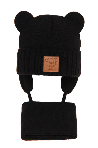 Jongens winter set muts en sjaal, zwart, met bindkoorden, Petit