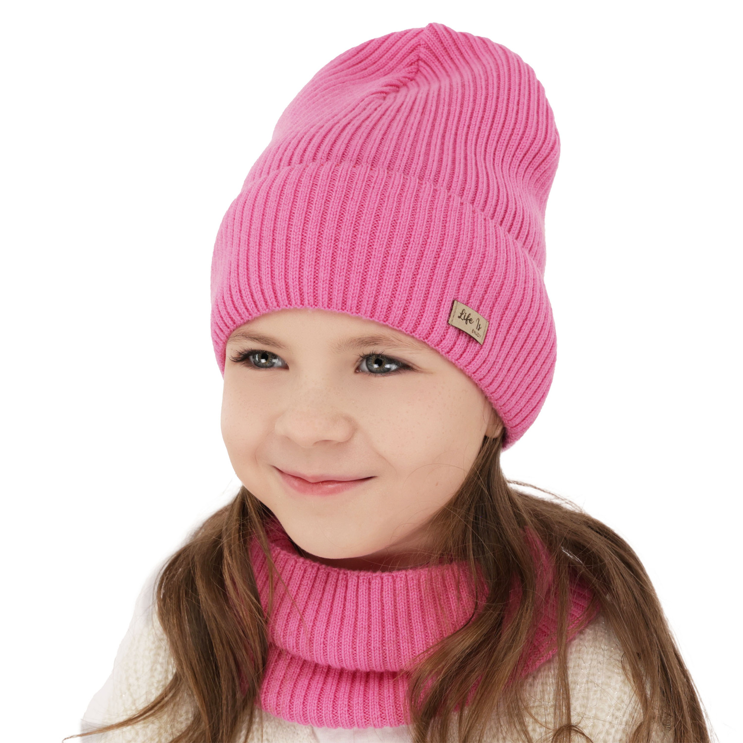 Ensemble automne/printemps fille: bonnet et snood, rose clair, avec laine mérinos, Itra