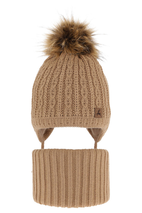 Ensemble d'hiver garçon: bonnet et snood, camel, avec pompon, Pago