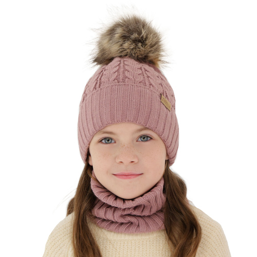 Ensemble d'hiver fille: bonnet et snood, rose, avec pompon, Tanzania