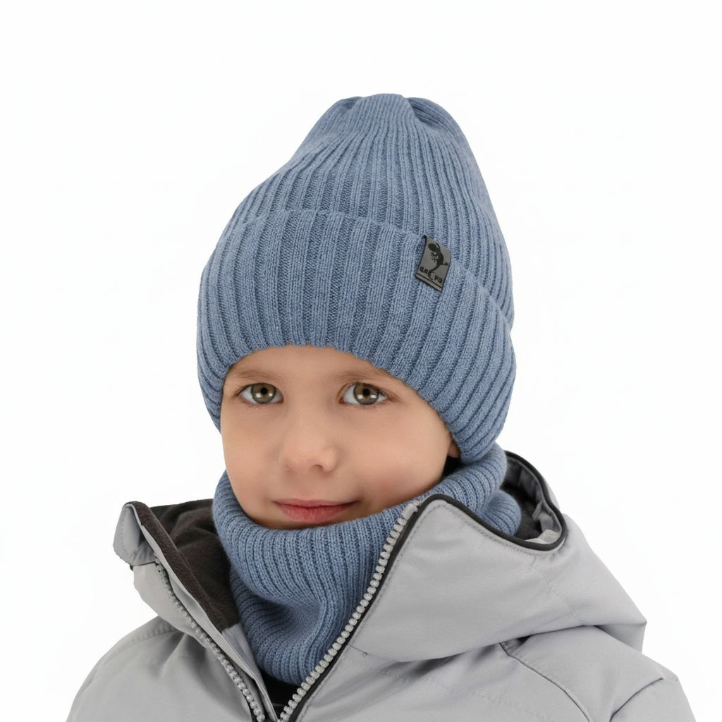 Ensemble d'hiver garçon: bonnet et snood, bleu clair, avec laine mérinos, Gecko