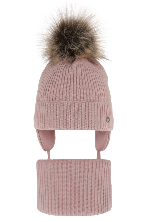 Ensemble d'hiver fille: bonnet et snood, rose, avec liens, avec pompon, Debra