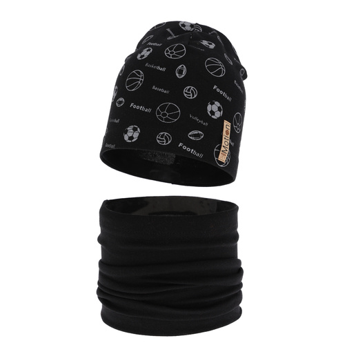 Ensemble automne/printemps garçon: bonnet et snood, noir, en coton, Paolo