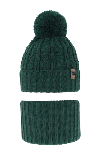 Ensemble d'hiver garçon: bonnet et snood, vert, avec pompon, Almond