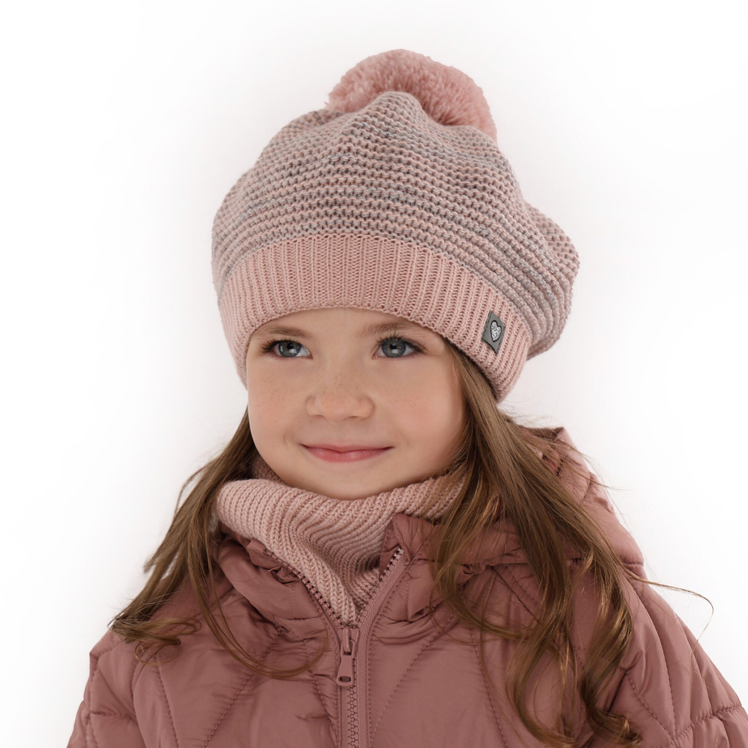 Meisjes winter set muts en buissjaal, wit, met garen pompon, Lira