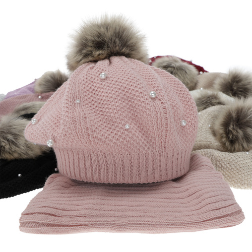 Meisjes winter set: beret en buissjaal, gevoerd met fleece, bruin, met pompon, Jeanette
