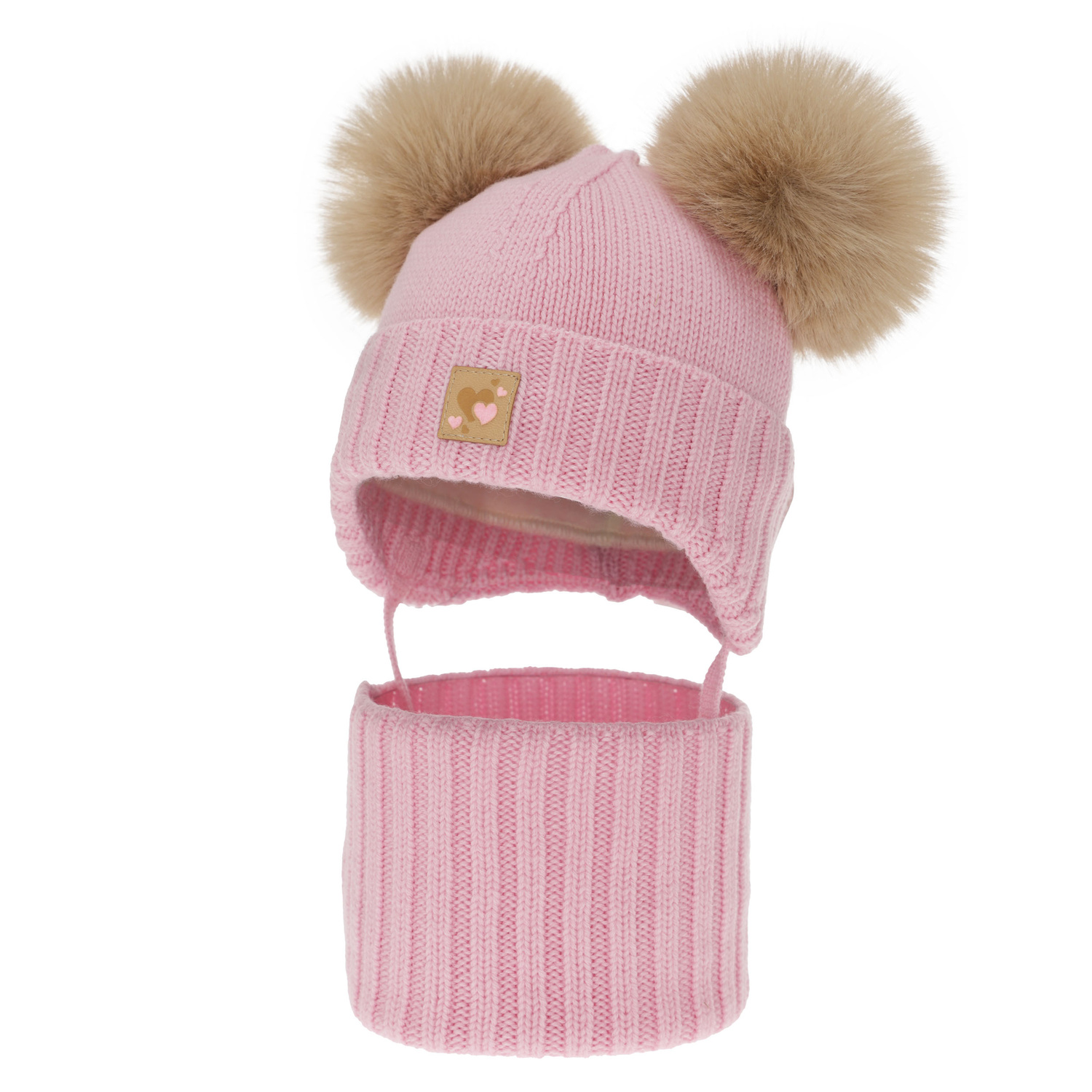 Meisjes muts en col, winter set, roze, 100% merinowol, gevoerd met wollen fleece, Ronia