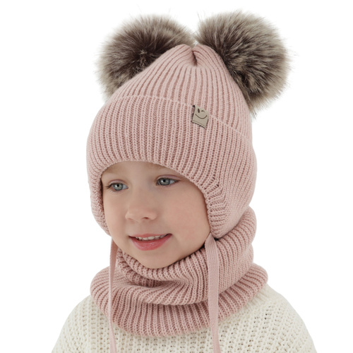 Ensemble d'hiver fille: bonnet et snood, crème, avec deux pompons, avec liens, Zori