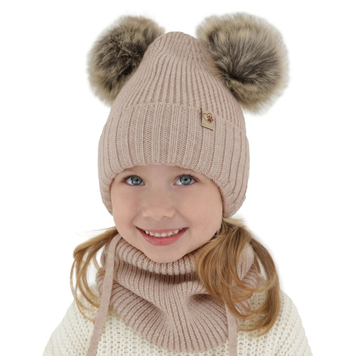 Ensemble d'hiver fille: bonnet et snood, beige, avec laine mérinos, avec liens, avec deux pompons, Silvia