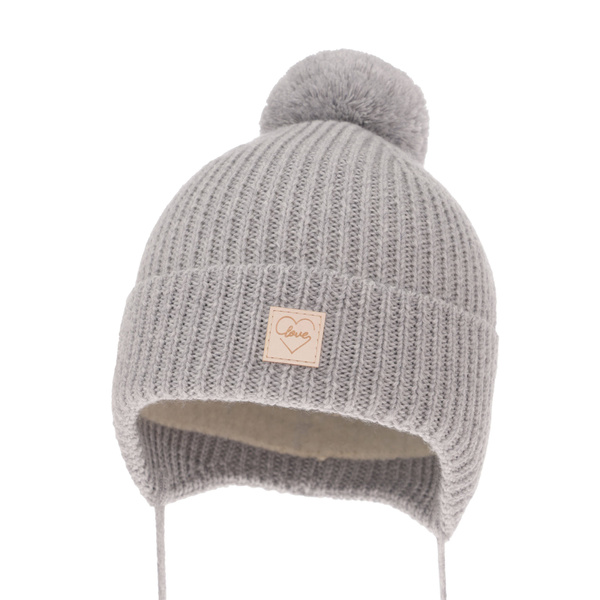 Bonnet d'hiver fille, grise, avec pompon, avec liens, 100% Laine Mérinos Extrafine, doublé de polaire, Hakkari