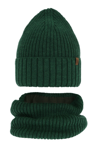Ensemble d'hiver garçon: bonnet et snood, vert, avec laine mérinos, Metis