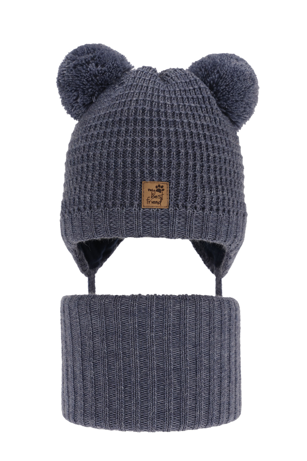 Ensemble d'hiver garçon: bonnet et snood, bleu, avec deux pompons, avec liens, Krispi