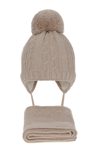Meisjes winter set muts en sjaal, beige, met garen pompon, Candy