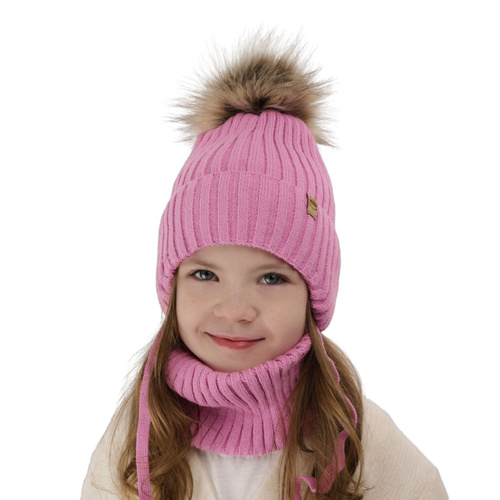 Ensemble d'hiver fille: bonnet et snood, rose clair, avec pompon, avec liens, Louisa