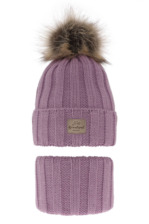 Ensemble d'hiver fille: bonnet et snood, violet, avec pompon, Kaliope