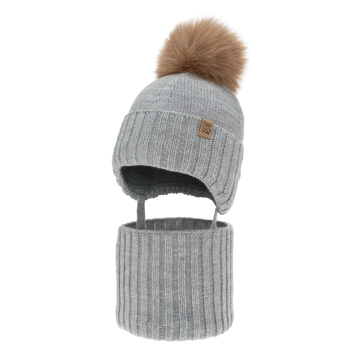 Ensemble d'hiver garçon: bonnet et snood, gris, avec pompon, Talens