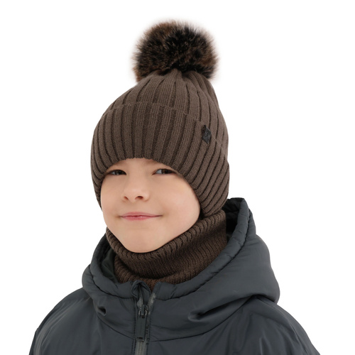 Ensemble d'hiver garçon: bonnet et snood, camel, avec pompon, Relax
