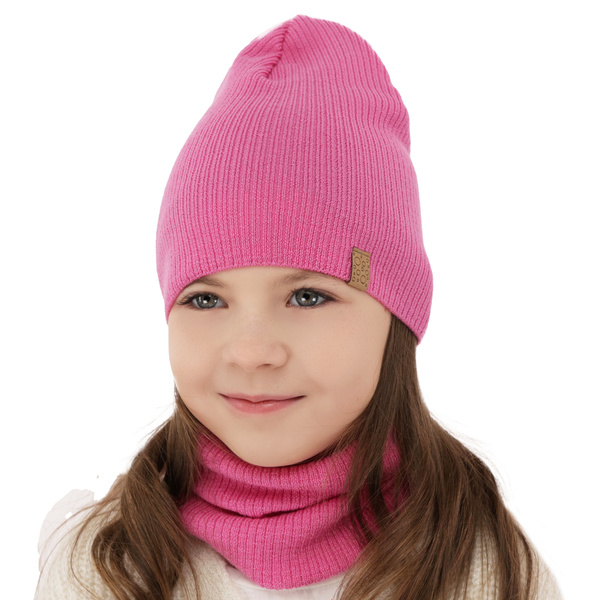 Ensemble automne/printemps fille: bonnet et snood, rose, avec laine mérinos, Ricona