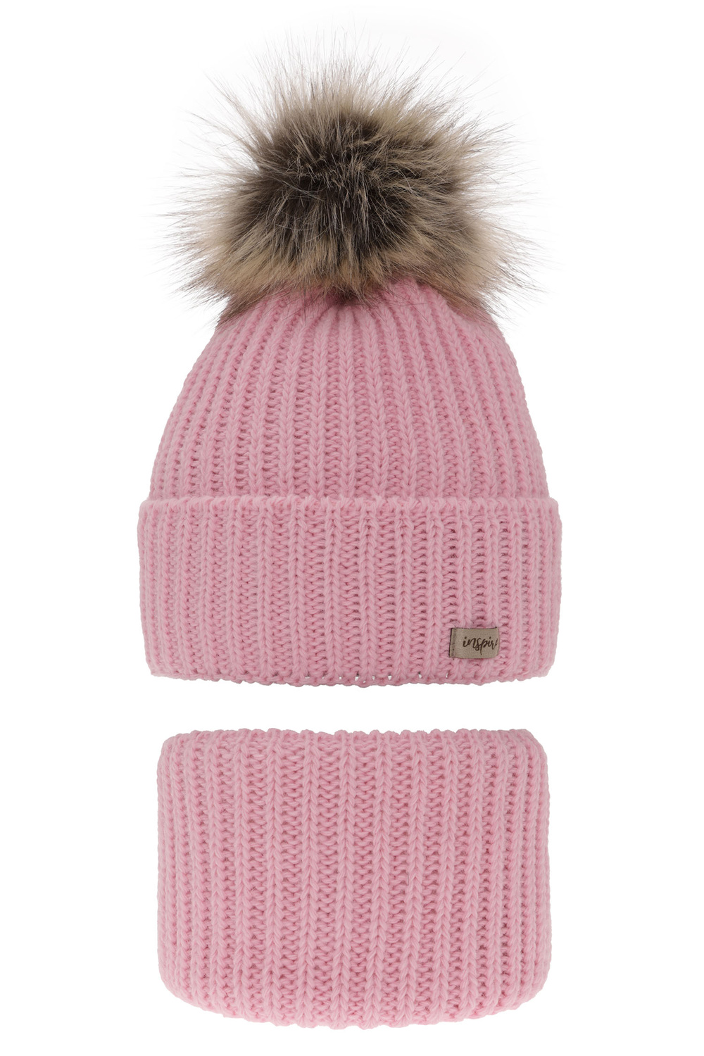 Ensemble d'hiver fille: bonnet et snood, rose, avec pompon, Willow