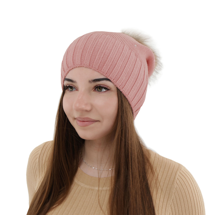 Bonnet d'hiver femme, rose, avec pompon, avec laine mérinos, Malga