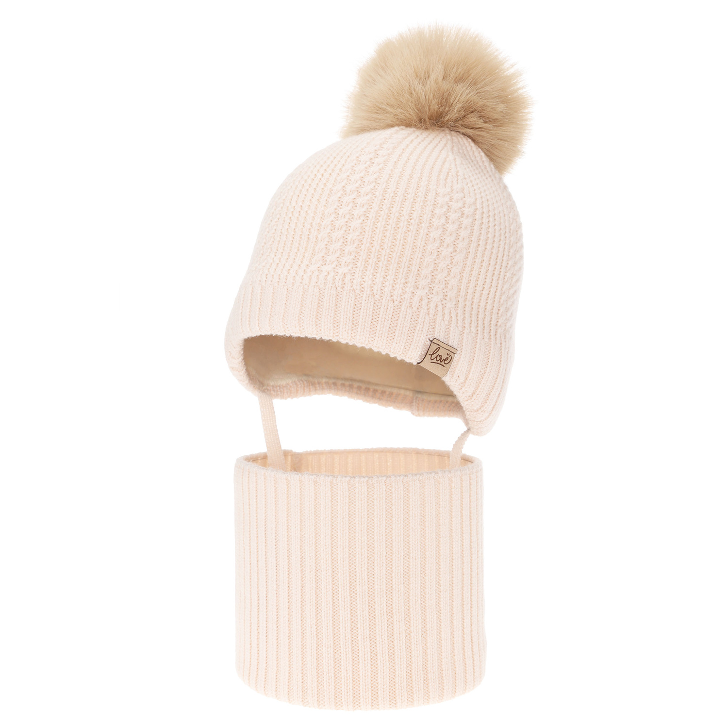 Meisjes winter set (muts en buissjaal), lichtroze, 100% Merino Wol, gevoerd met wollen fleece, met bindkoorden Danielle