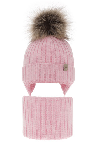 Ensemble d'hiver fille: bonnet et snood, rose, avec laine mérinos, avec liens, Junika