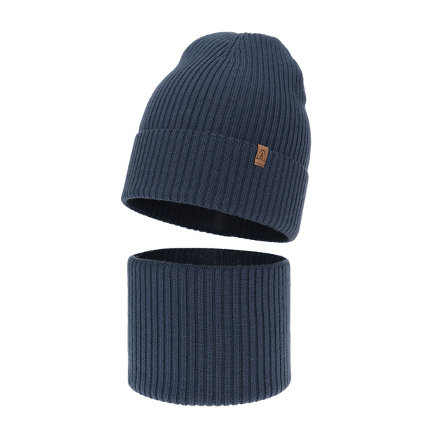 Ensemble automne/printemps garçon: bonnet et snood, 100% laine mérinos, bleu foncé, Lemas