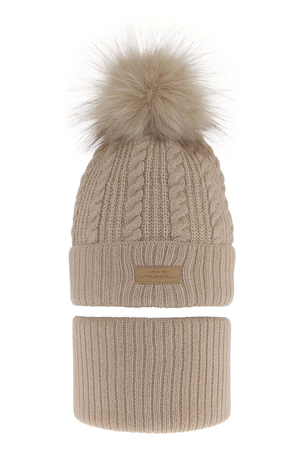 Ensemble d'hiver fille: bonnet et snood, beige, avec pompon, Alika