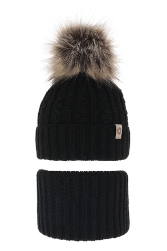 Ensemble d'hiver fille: bonnet et snood, noir, avec pompon, Pretoria
