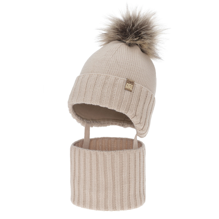 Meisjes winter set (muts en buissjaal), beige, met pompon, Primula