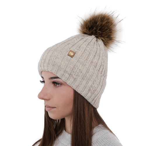 Bonnet d'hiver femme, crème, avec pompon, Savona