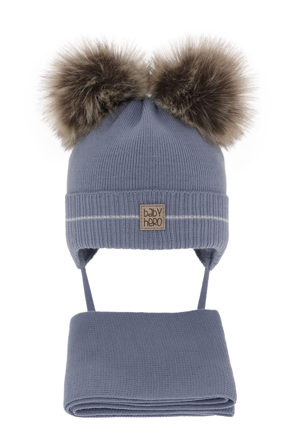 Ensemble d'hiver garçon: bonnet et écharpe, bleu, avec deux pompons, avec liens, Melon