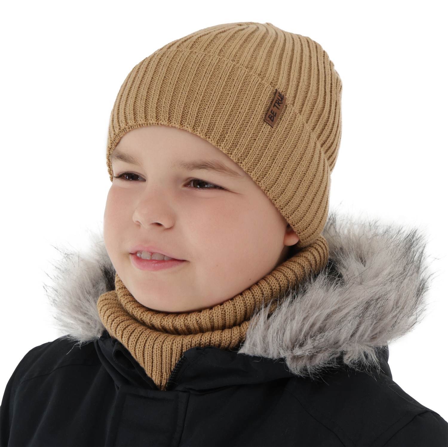 Jongens winter set (muts en buissjaal), Camel, met merinowol, Colton