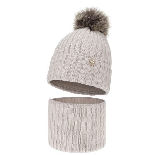Meisjes winter set (muts en buissjaal), beige, 100% merino wol, gevoerd met katoen, met pompon, Terida