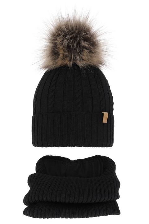 Ensemble d'hiver fille: bonnet et snood, noir, avec laine mérinos, Mirabel