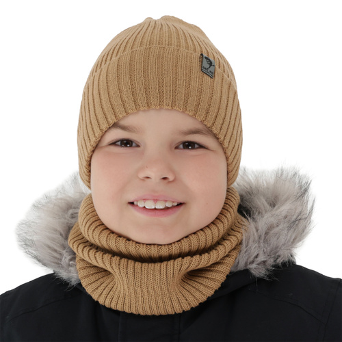 Ensemble d'hiver garçon: bonnet et snood, camel, avec laine mérinos, doublé de polaire, Gecko