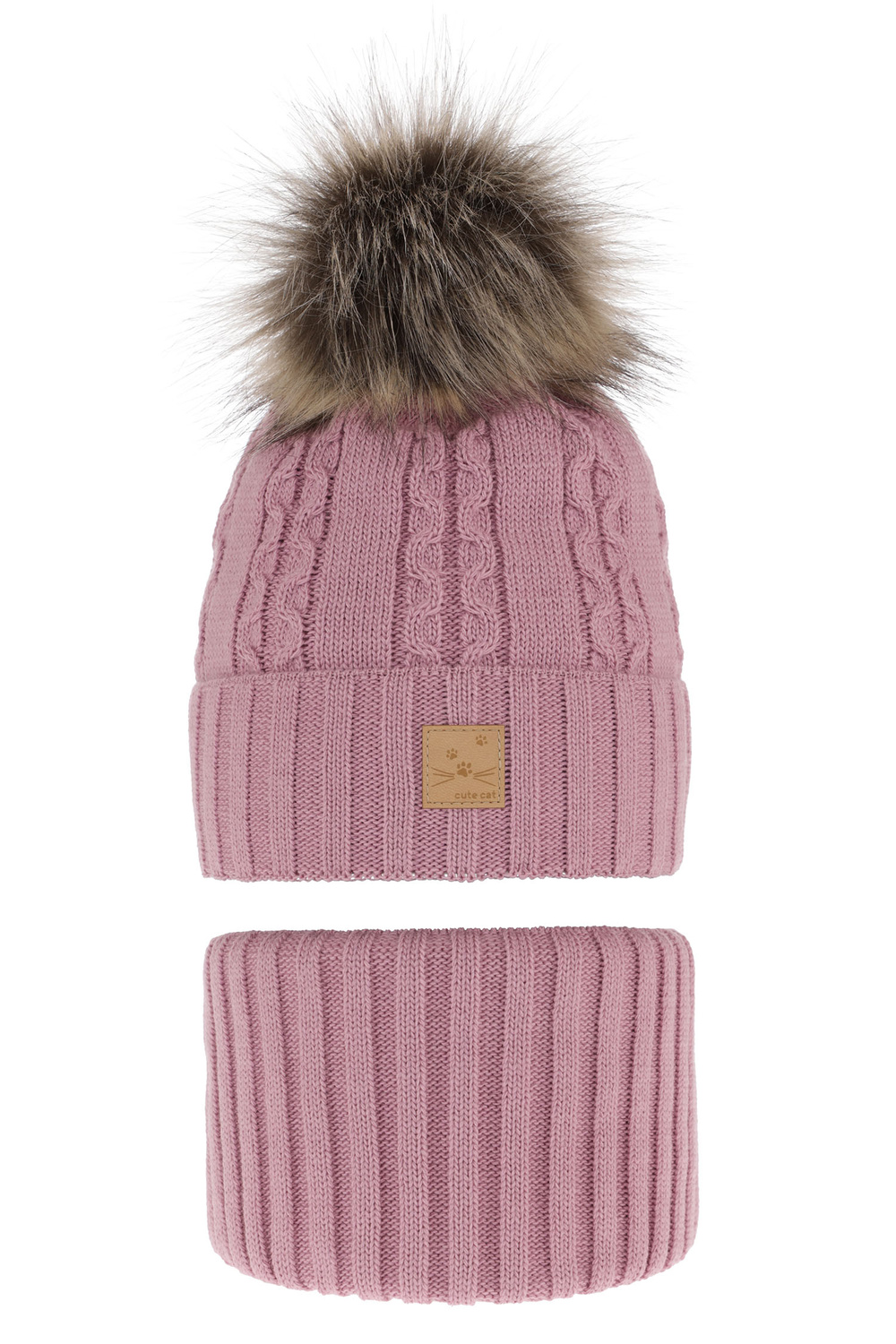 Ensemble d'hiver fille: bonnet et snood, violet, avec pompon, Alexia