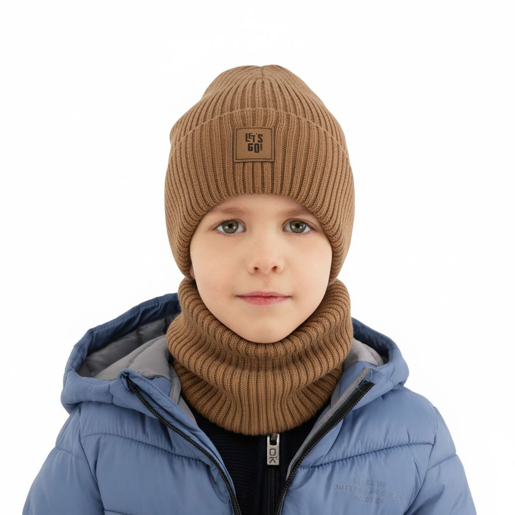 Ensemble automne/printemps garçon: bonnet et snood, camel, avec laine mérinos, Vanto