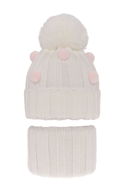 Ensemble d'hiver fille: bonnet et snood, blanc, avec pompon, Hekate