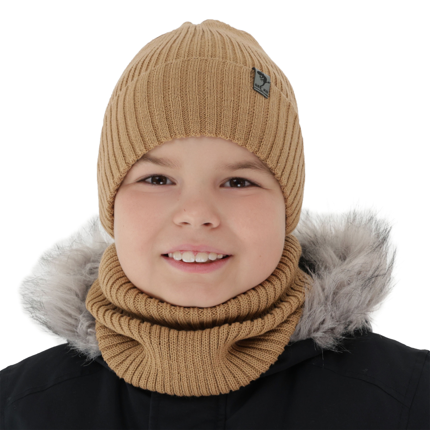 Ensemble d'hiver garçon: bonnet et snood, camel, avec laine mérinos, doublé de polaire, Gecko