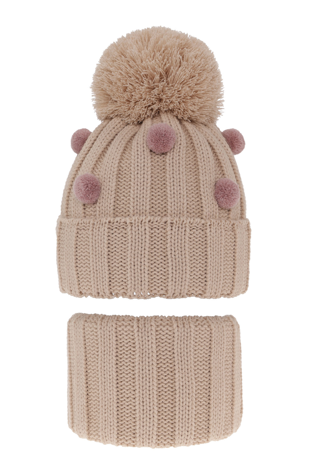 Ensemble d'hiver fille: bonnet et snood, beige, avec pompon, Hekate