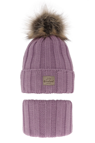 Ensemble d'hiver fille: bonnet et snood, violet, avec pompon, Kaliope