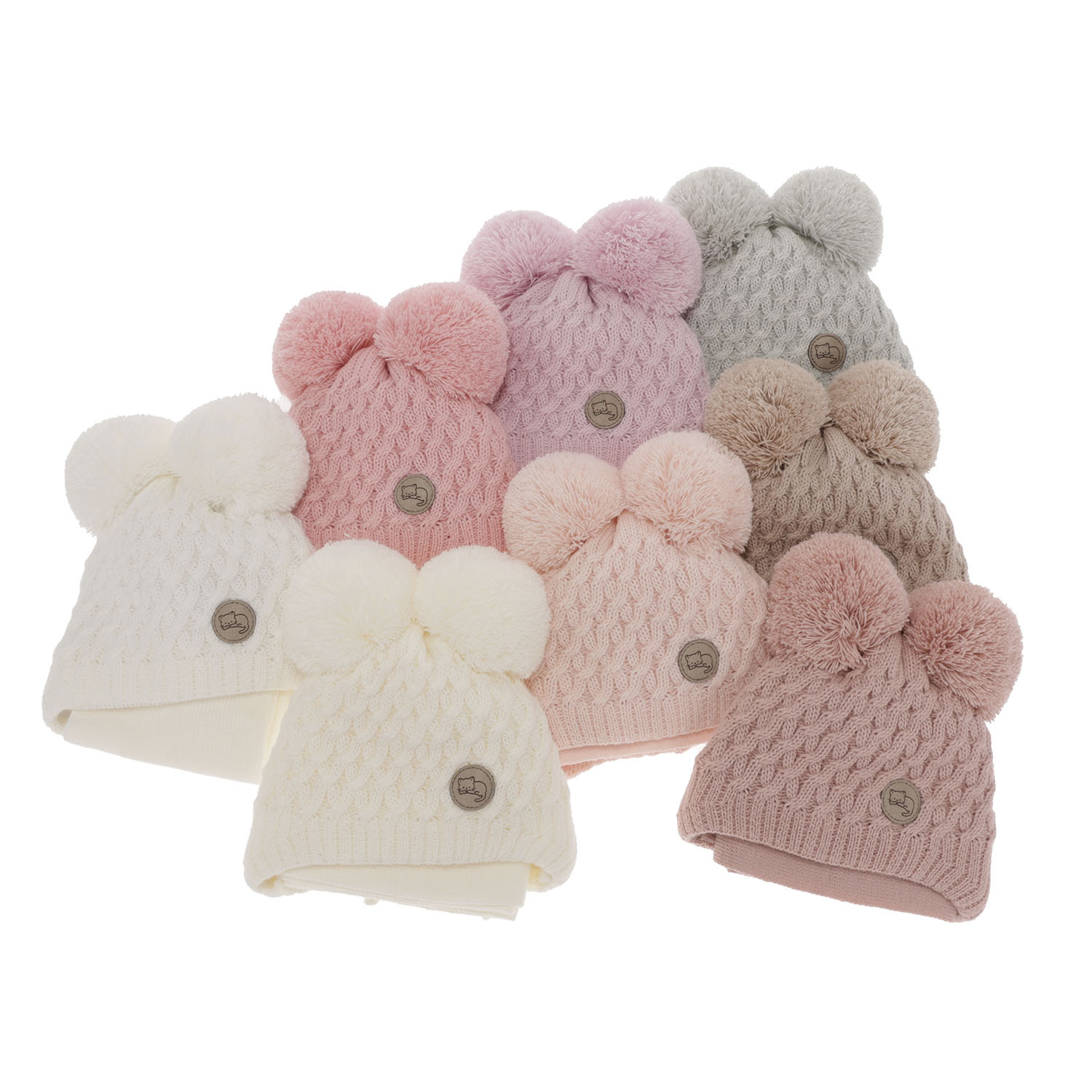 Ensemble d'hiver fille: bonnet et écharpe, gris, avec deux pompons, avec liens, Anava