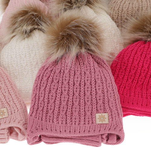 Ensemble d'hiver fille: bonnet et snood, rose, avec pompon, Passa