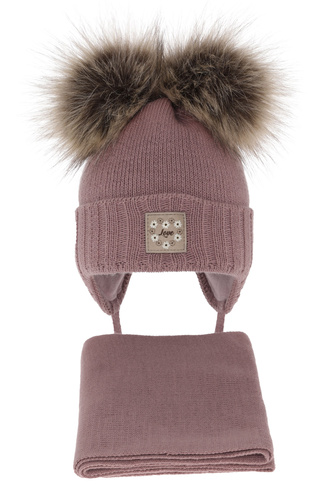 Ensemble d'hiver fille: bonnet et écharpe, lavande, avec deux pompons, noué, Jazz