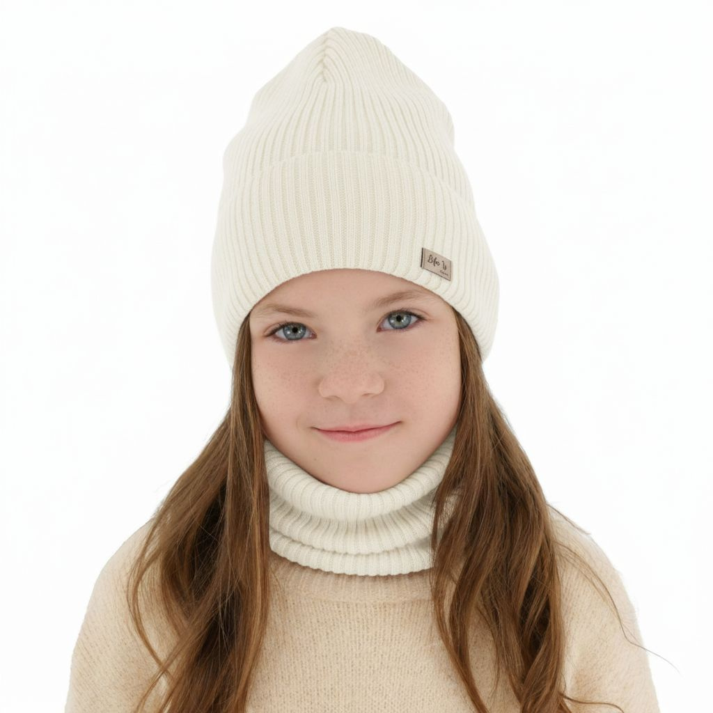 Ensemble automne/printemps fille: bonnet et snood, crème, Avec laine mérinos, Itra