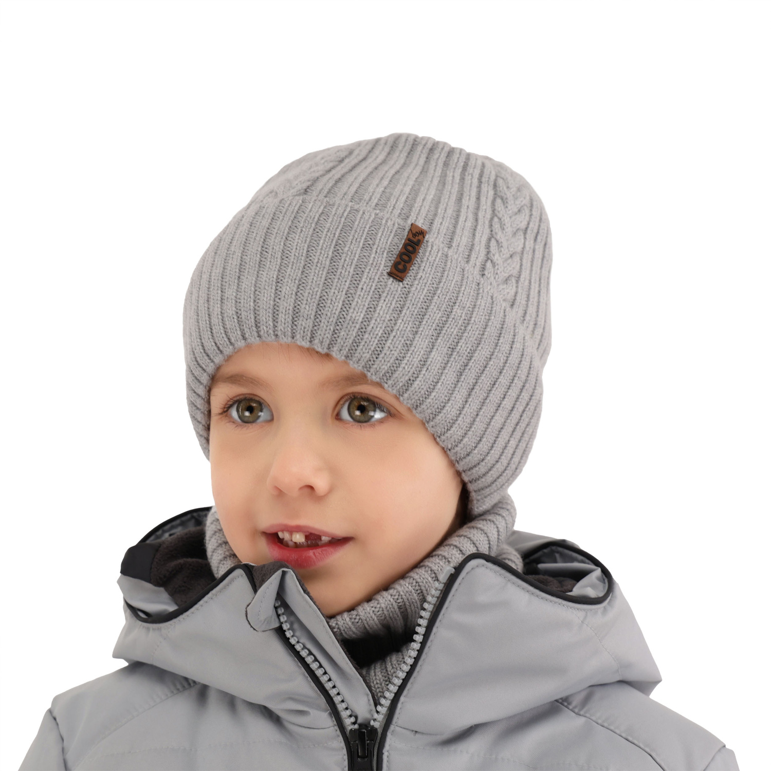 Ensemble d'hiver garçon: bonnet et snood, beige, avec laine mérinos, Wilson